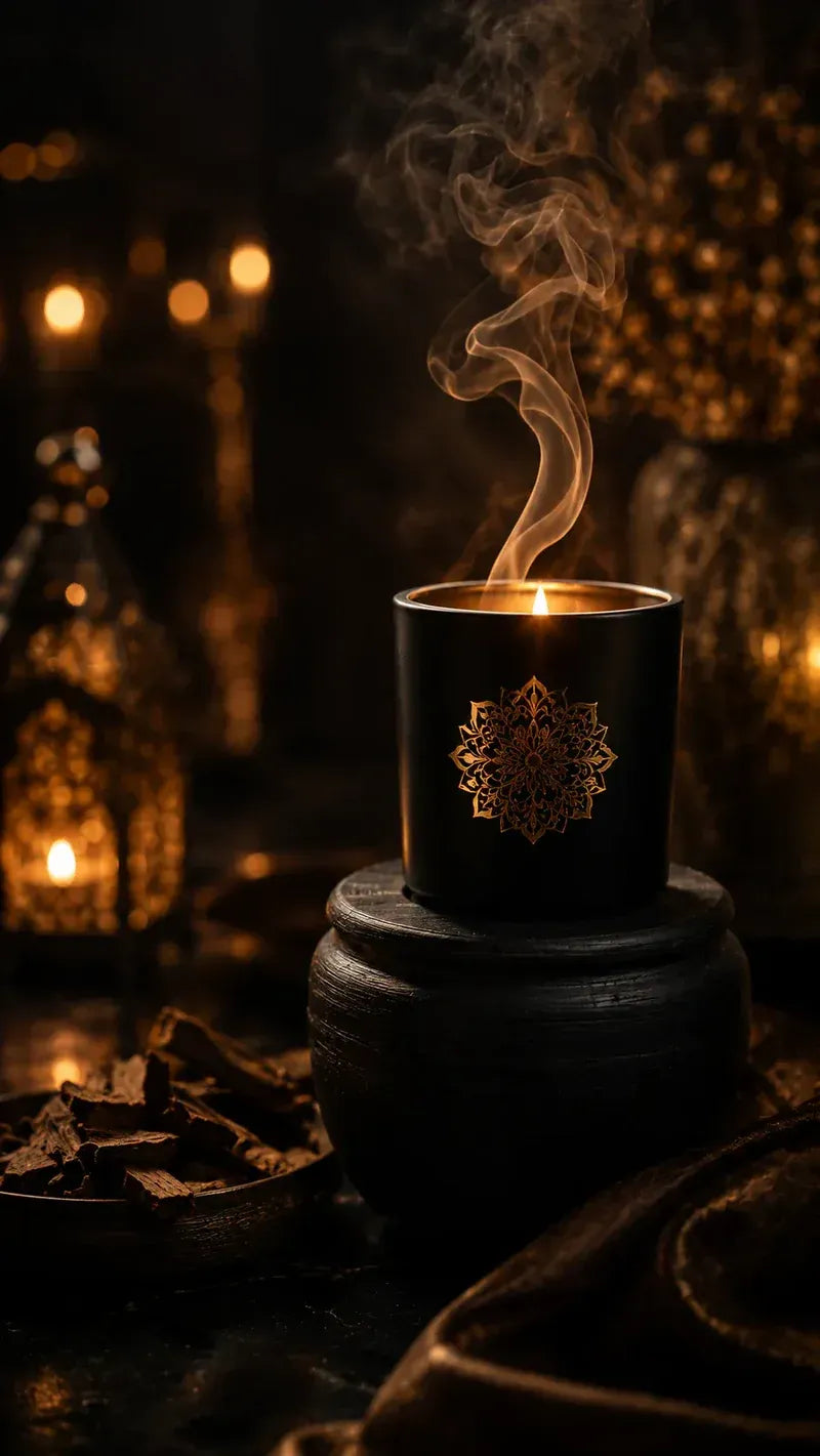 Gift-boxed black and gold candle with soft smoke and warm light
