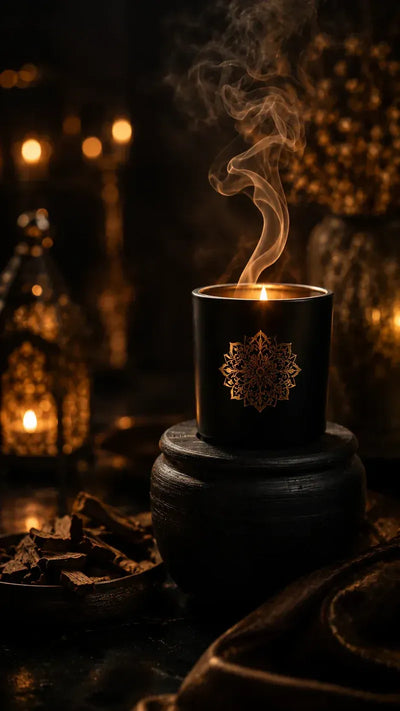 Gift-boxed black and gold candle with soft smoke and warm light